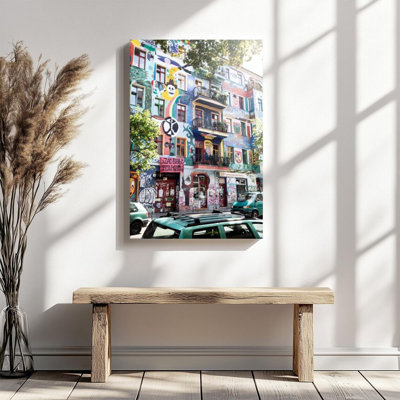 1Pc Framed Canvas Poster Print Street Graffiti Art, Peace Symbols and Rainbow Elements, Pop Art Style Wall Art Decor, Perfect for Room Decor Living Ro