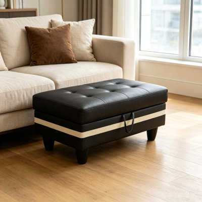 Storage Ottoman Bench, Tufted Stitched Faux Leather, BlackWhite
