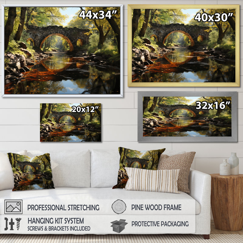 «Beige Bridge Whispers Of History II», reproduction d'art sur toile, H 24 po x l 32 po x P 1 po, Cadre flottant noir