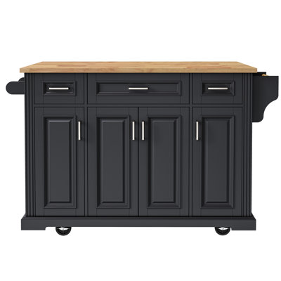 54" Large Rolling Kitchen Island With Rubber Wood Drop Leaf, Mobile Kitchen Cart On 4 Lockable Wheels With 4 Doors & 3 Drawers, Embossed Texture Storage Island For Kitchen & Dining Room