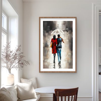 Promenade tranquille en couple sous la pluie | Impression encadrée avec passe-partout
