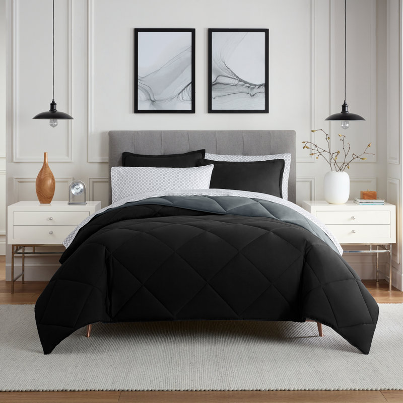 Full Black and Gray Microfiber Reversible Bedding Set