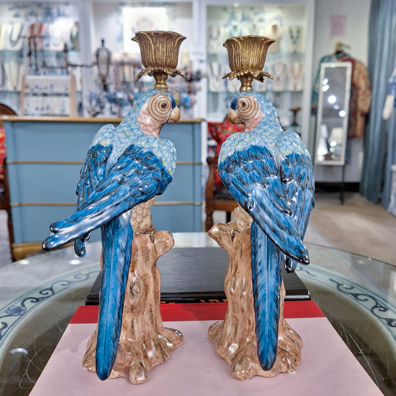 Porcelain Blue Parrot Candle Holder Pair with Bronze Ormolu