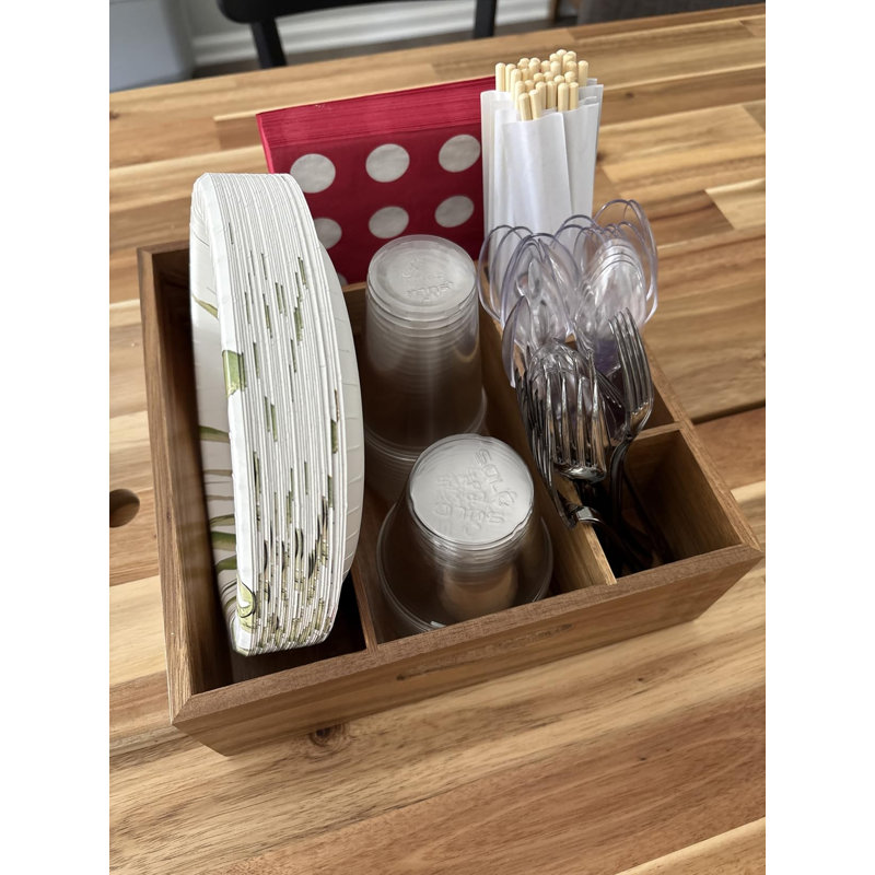 6-Compartment Acacia Wood Utensil Holder – Paper Plate Organizer & Silverware Caddy for Countertop, Holds Plates, Cups, Forks, Spoons – For Kitchen, Camping, Buffet, Party