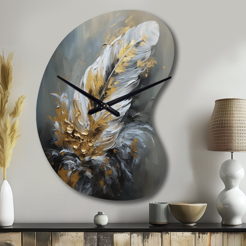 Gold Boho Chic Feathers IV - Boom Shape Large Glam Feather 3D Wall Clock, Small