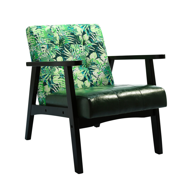 Floral Print Features Tufted Artificial Leather Mid-century Modern Accent Armchair, Green