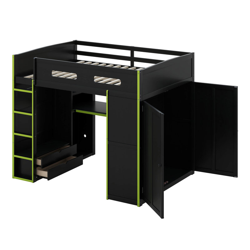 Full Size Wood Loft Bed With Desk,Wardrobe,Ample Storage Space,And RGB LED Light, Green