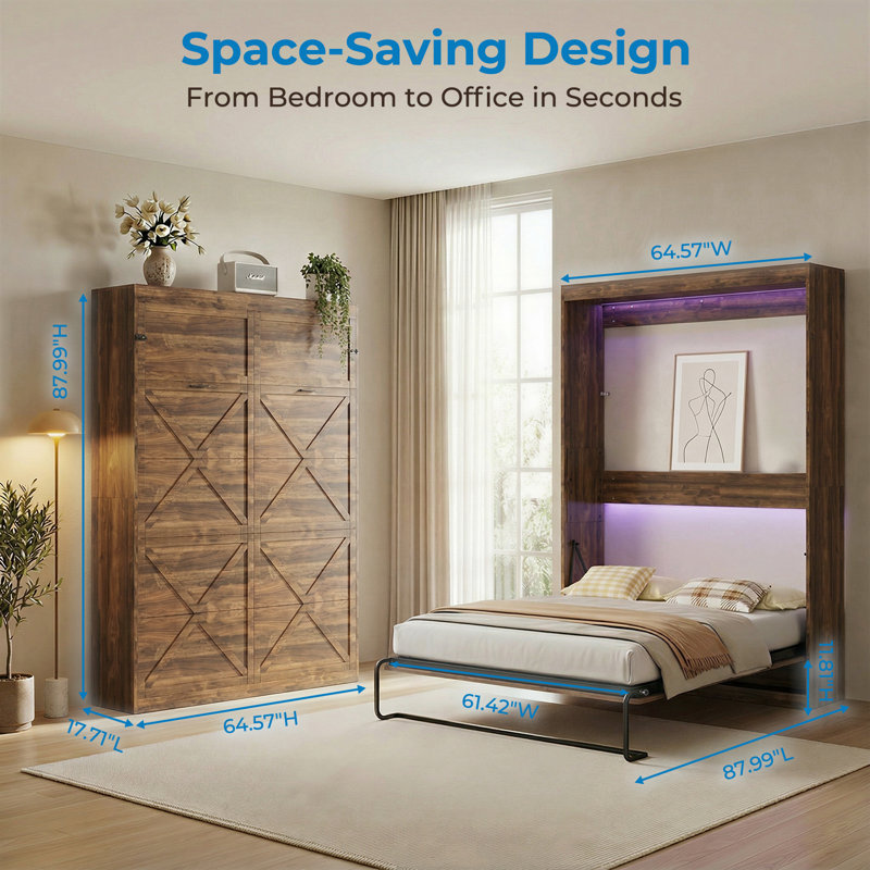 Murphy Wall Bed With LED Lights With App Control & Charging Station, No Box Spring Needed, For Home Office , Brown