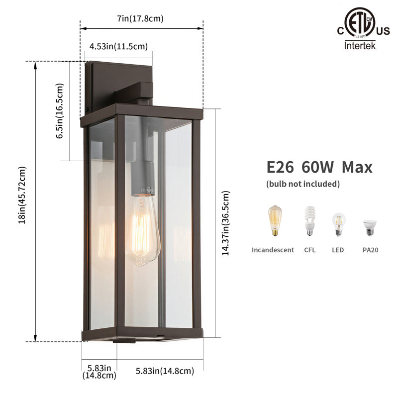 Applique murale d'extérieur 1 lumière Olar Classic, H 18 po x l 5,83 po x P 7 po, Bronze frotté à l'huile