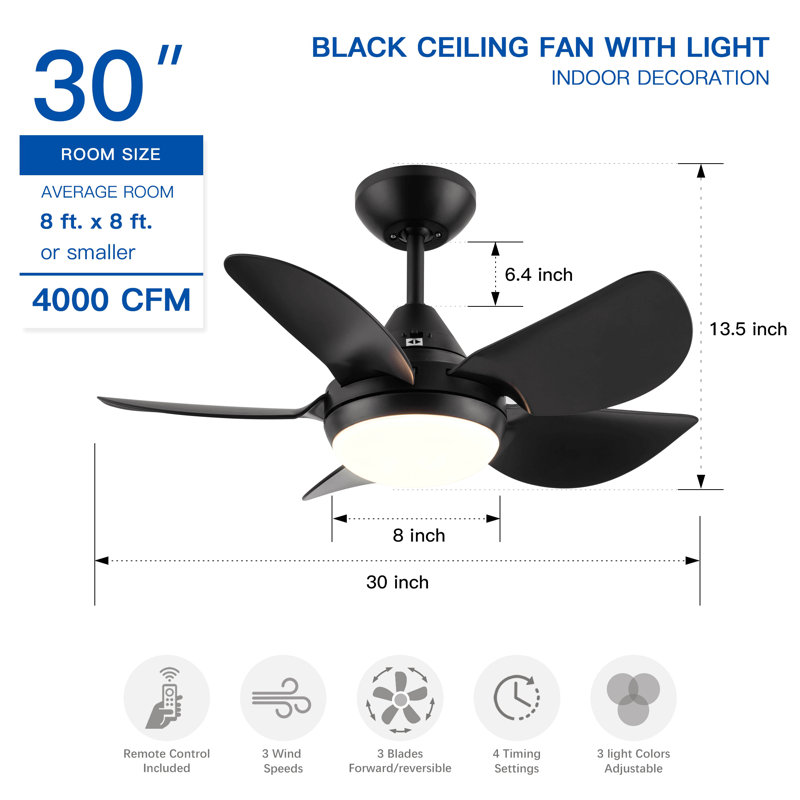 30 In Intergrated Led Ceiling Fan Lighting With Abs Blade, Black