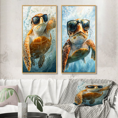 Mignonne tortue avec lunettes surfant I - ensemble d'art mural animal tortue 2 pièces