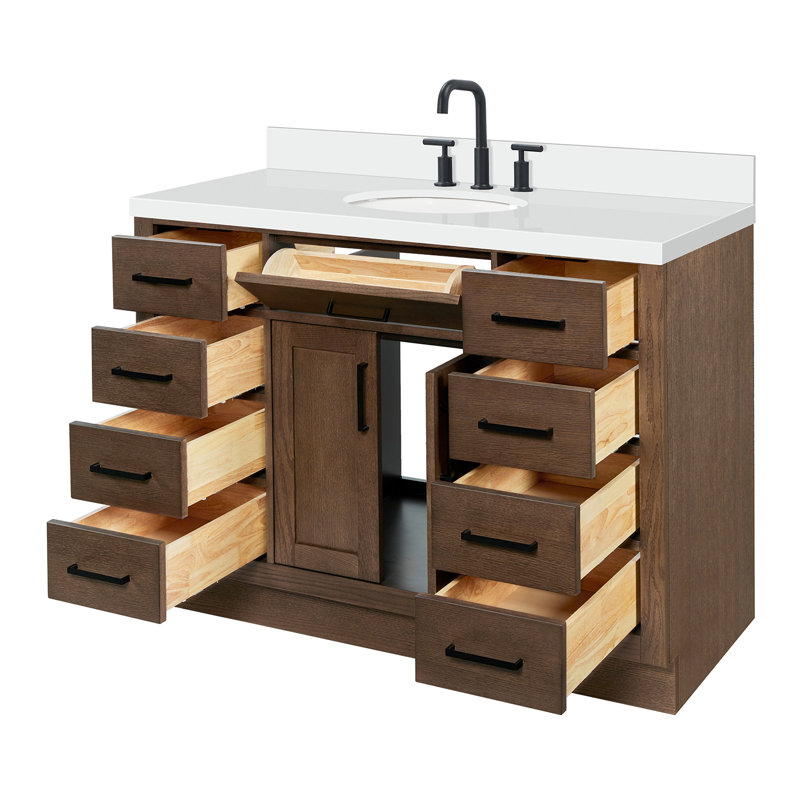 Ensemble de meuble-lavabo simple en bois massif 48 po avec lavabo en quartz blanc 1,5 po Tidworth, Ovale, Chêne brun