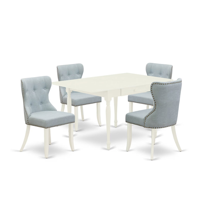 Ensemble de table de salle à manger 5 pièces comprenant une table de salle à manger rectangulaire avec Dropleaf et 4 chaises rembourrées en tissu bleu lin, lin blanc