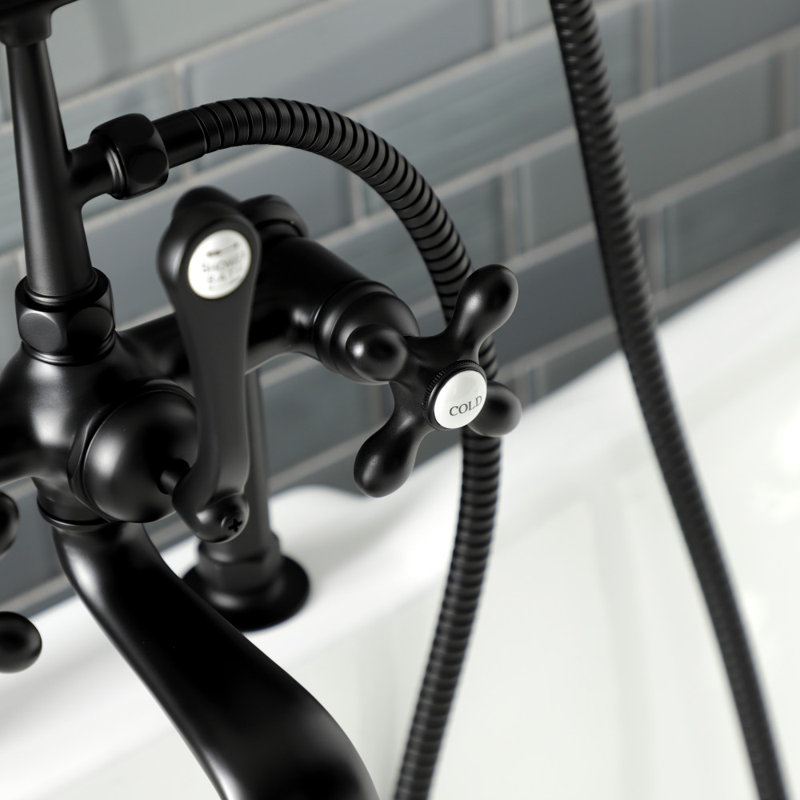Kingston Brass Aqua Vintage Three-Handle 2-Hole Deck Mount Clawfoot Tub Faucet with Hand Shower, Matte Black