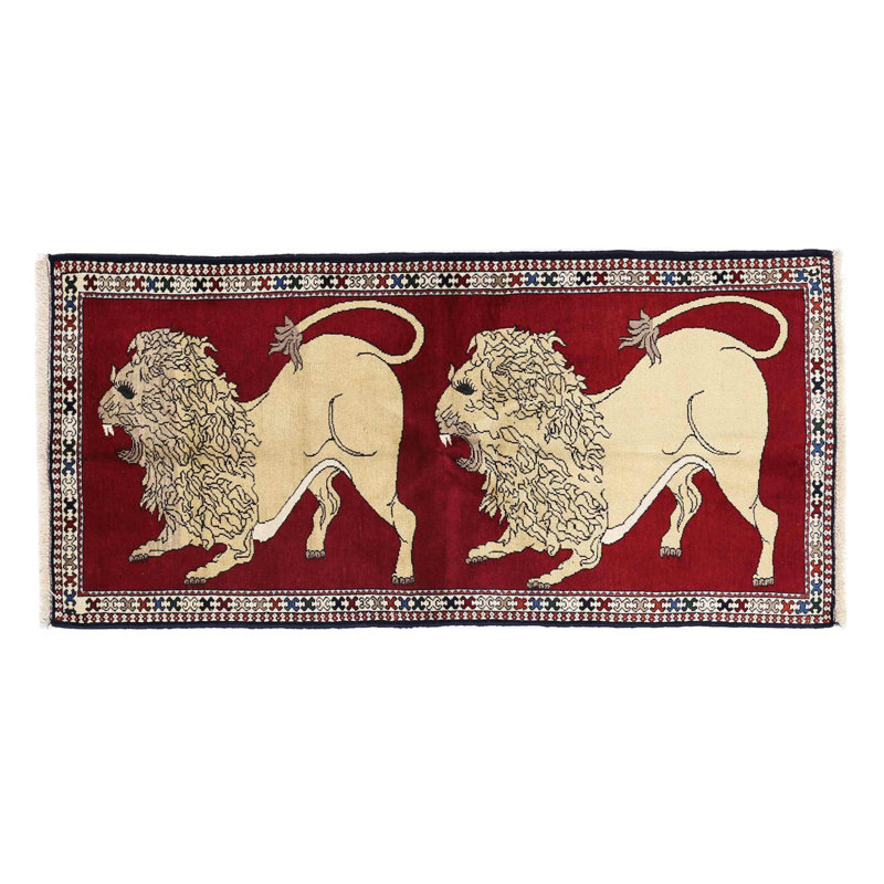 Animal Pictorial lion Shiraz Persian Hand Knotted Wool rug 2'7'' X 5'11''