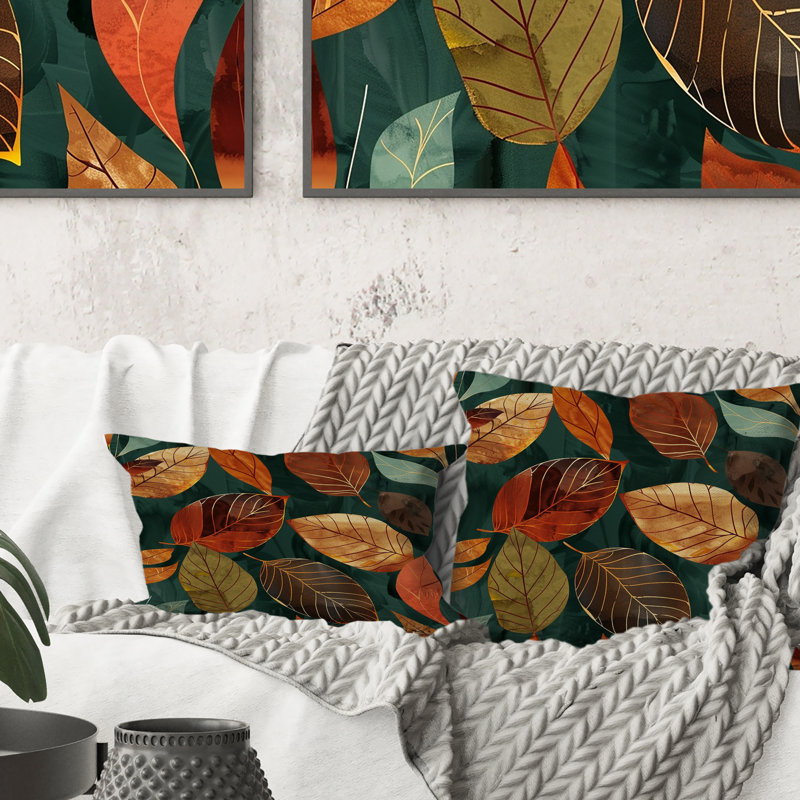 Coussin lombaire à feuilles or orange et plantes