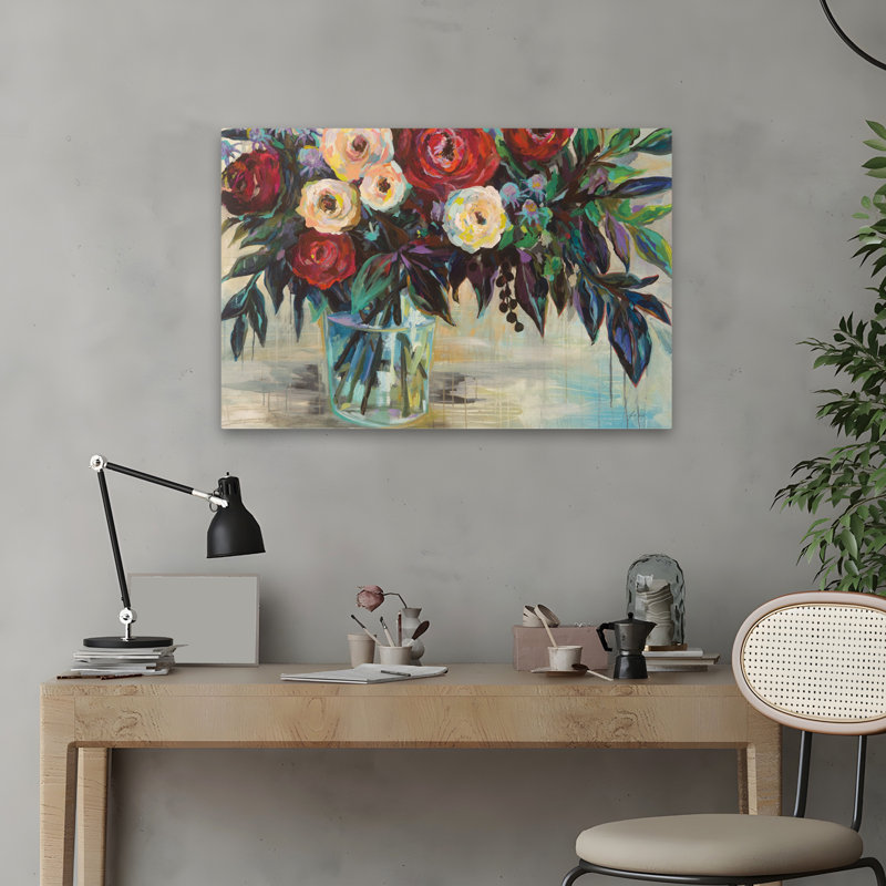 Art floral bleu et rosé, H 16 po x l 24 po