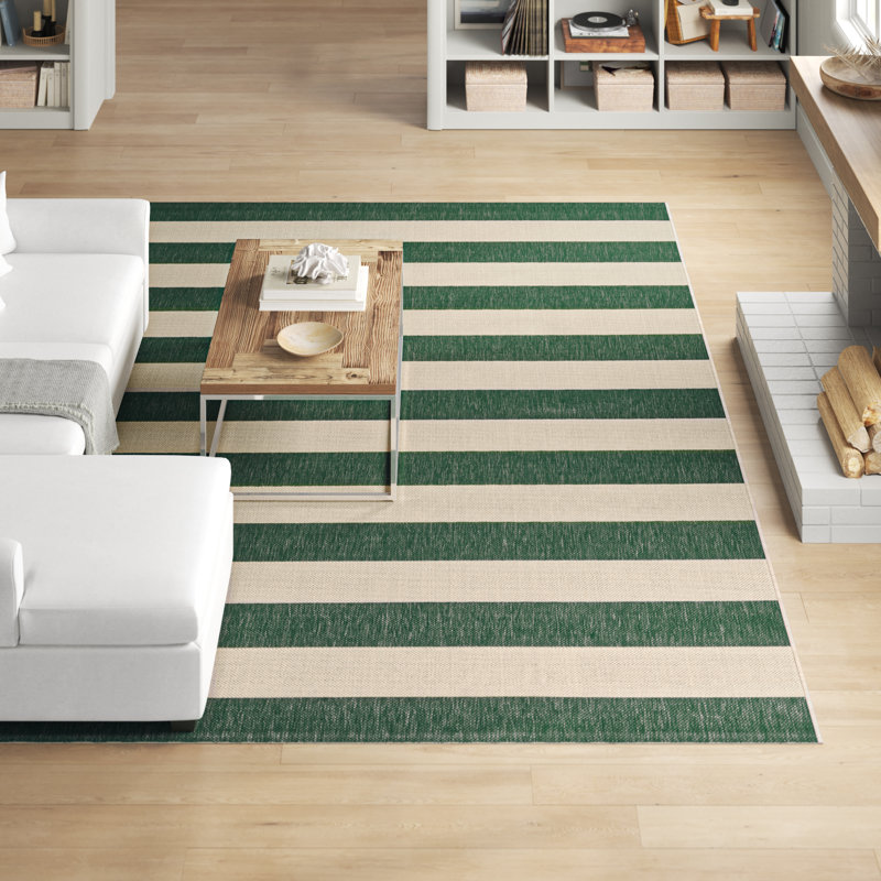 Kempston Striped Beige/Dark Green Outdoor Area Indoor/Outdoor Area Rug, Rectangle 9' x 12'