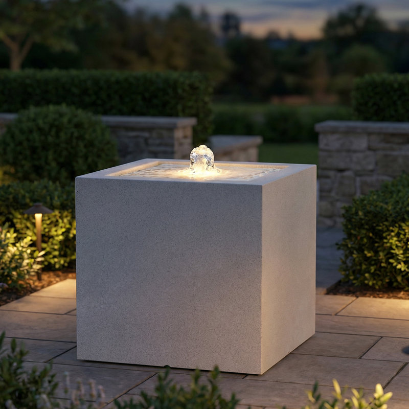 Square Polystone LED Outdoor Bubble Fountain - Fog, 17" H x 17" W x 17" D, Gray