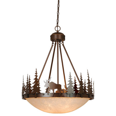 Yellowstone 4-Light 24 in. Wide Burnished Bronze Rustic Moose Bowl Pendant with Amber Flake Glass Shade,Hanging Ceiling Fixture for Dining Table, Kitchen, Entryway, Bedroom, Island, Foyer