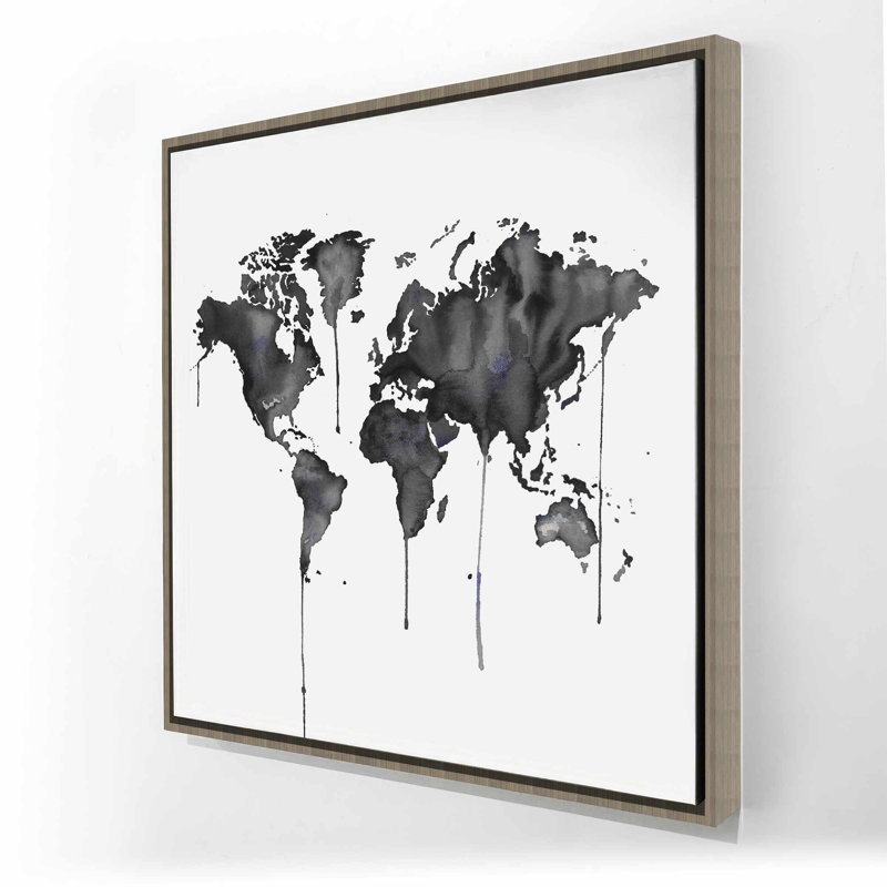 Carte du monde aquarelle - décor de toile encadrée noir et blanc