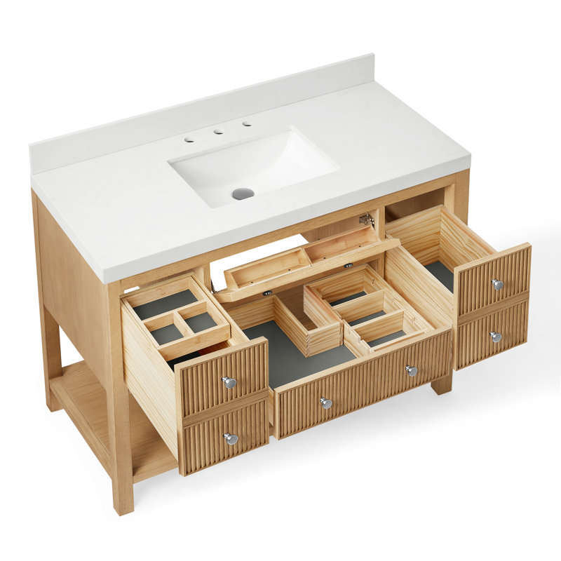 Quartz Single Vanity with Ceramic Sink, Natural Oak, 48"