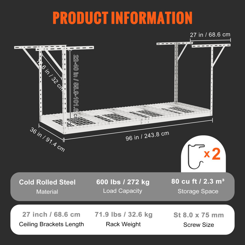 Naidaly Metal Height -Adjustable Ceiling Mounted Rack, 40" H x 96" W x 36" D, White