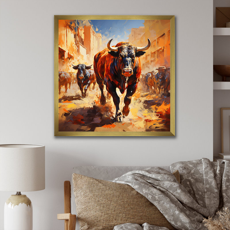 «Brown Rodeo Buffalo In Espagne», art mural animaux, H 30 po x l 30 po x P 1,5 po, Cadre doré simple