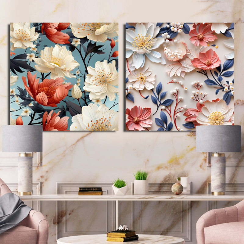 Glaude - Ensemble de 2 collages floraux carrés, H 16 po x l 33 po, Toile tendue