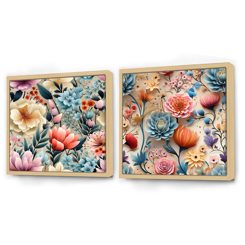 Cassandre - Ensemble de 2 collages carrés floraux, Cadre flottant brun, H 36 po x l 73 po