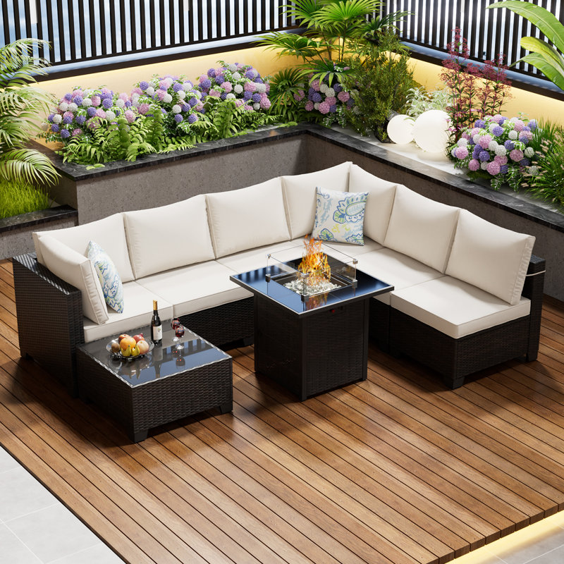 8 Pieces Patio Furniture Set With Fire Pit Table, Includes Splashproof Anti-Slip Cushions - Perfect For Outdoor, Deck, Garden, Poolside