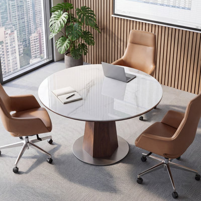 Petite table de conférence ronde de 31,5 pouces pour 2 à 4 personnes, plateau en pierre frittée, piédestal en bois d'hévéa massif et base en acier, petite table de réunion de bureau moderne pour salle de conférence, réception