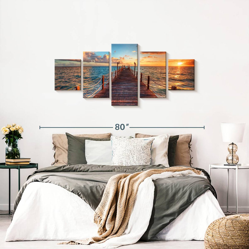 Coucher de soleil au-dessus d'un quai sur toile, ensemble de 5 pièces, H 68 po x l 30 po x P 1,25 po