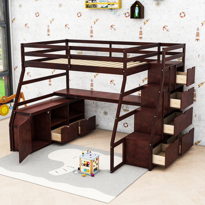 Humira Full Size Wooden Loft Bed With Built-In Desk, Storage Drawers And Shelves, Espresso