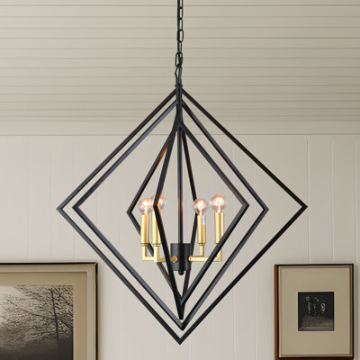 Luminaire suspendu à 4 lumières de style campagnard, luminaire suspendu moderne en or noir à cage géométrique pour îlot de cuisine, salon, entrée, vestibule, salle à manger