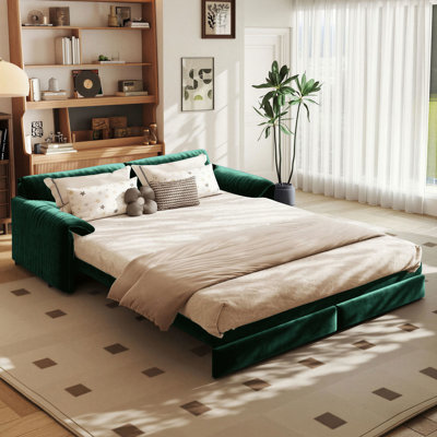Canapé-lit convertible en velours de 66 po 3-en-1 Canapé-lit convertible multifonctionnel en velours avec couchette et rangement latéral, vert