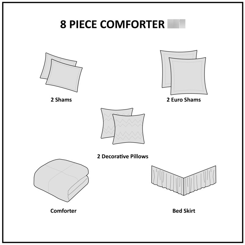 Édredon gris très grand 8 pièces - microfibre douce de luxe brodée et décoration imprimée