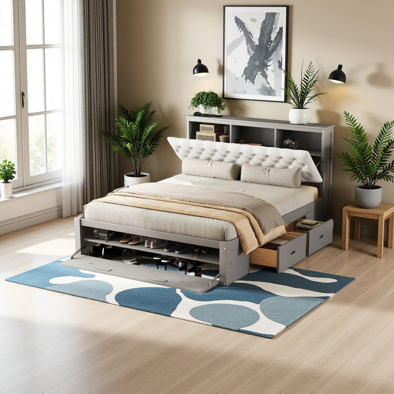 Lit plateforme en bois avec tête de lit, étagère à chaussures et 4 tiroirs, Gris