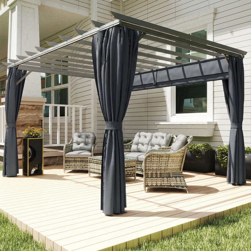 Outsunny 3.6 x 3 m Pergola with Retractable Roof Canopy, Curtains Dark Grey