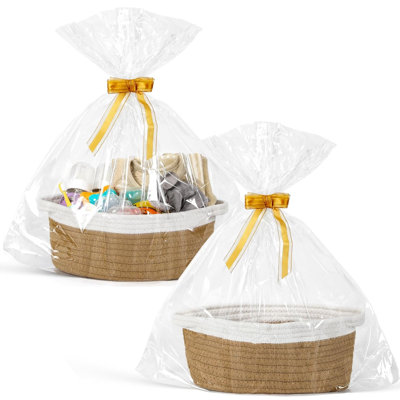 2 Pack Small Woven Basket With Gift Bags And Ribbons, Empty Decorative Gift Chest Box, Cute Baby Gift Basket For Nursery, Cotton Rope Room Shelf Storage Basket Wi Handles, All 12"X 8"X 5",Yellow