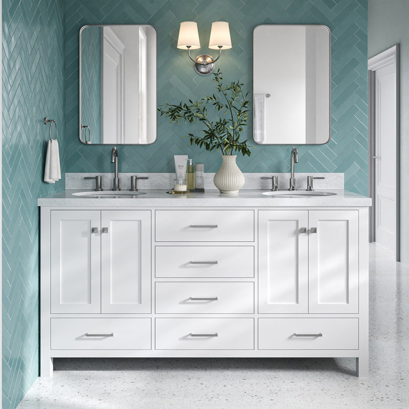 Meuble-lavabo double autoportant 67 po avec plateau en marbre Cambridge, Blanc, Oval