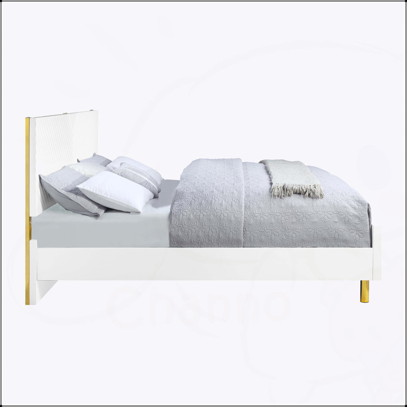 Gaines White High Gloss Finish EK Bed with Wave Pattern, No Box Spring Needed, and Sturdy Support