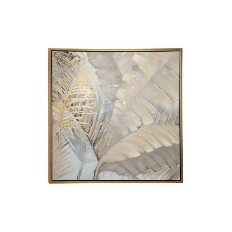 Gold and Gray Palm Leaf Framed Canvas Wall Art, 40" x 40"