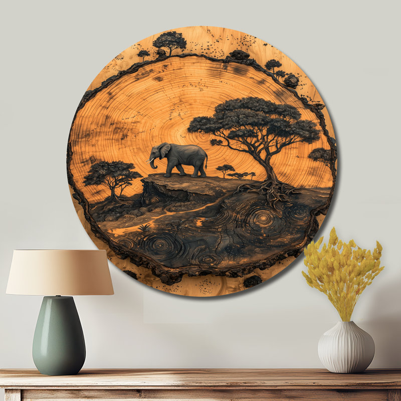 «Elephant Under The Baobab Tree Wood Slide II», reproduction d'art moderne en métal gris, H 23 po x l 23 po