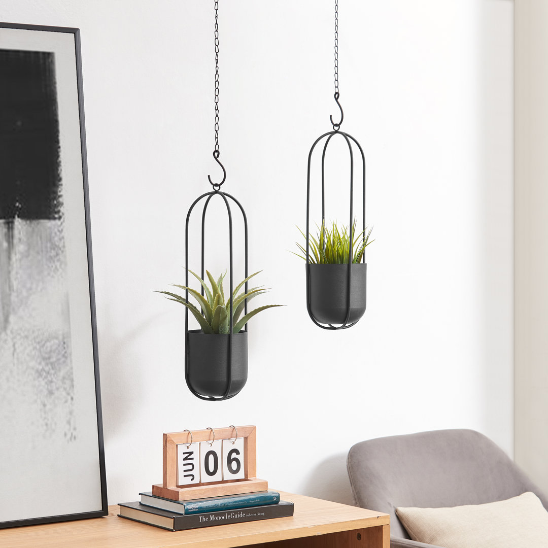 Walter 2-Piece Modern Black Metal Oval Hanging Planter Set with Chain Hanging Option Wrought Studio™