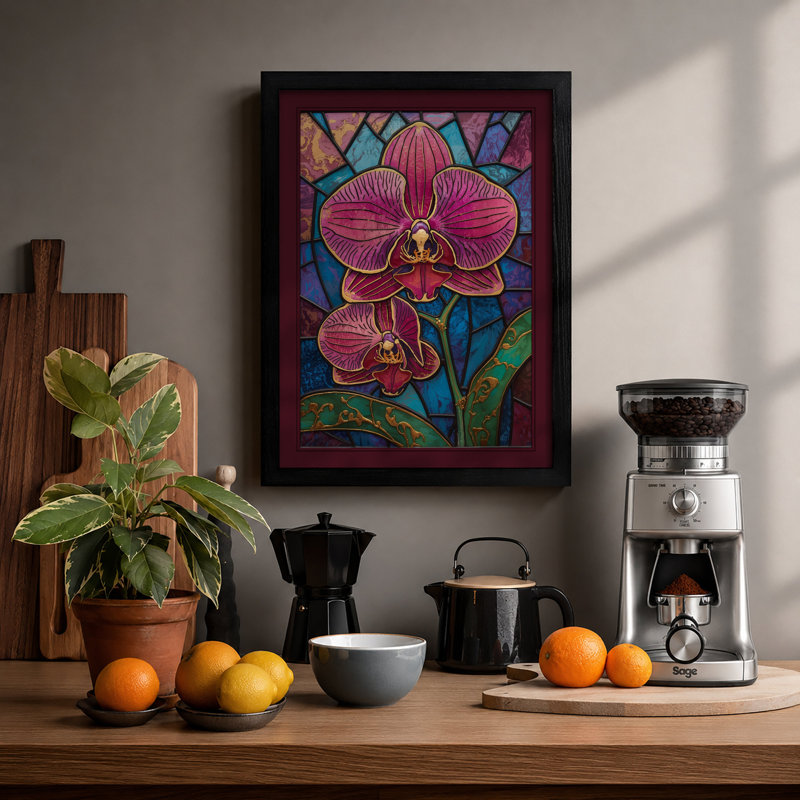 Stained Glass Orchids Botanical - Framed Print, A2 - 59.4 x 42.0 cm, Black
