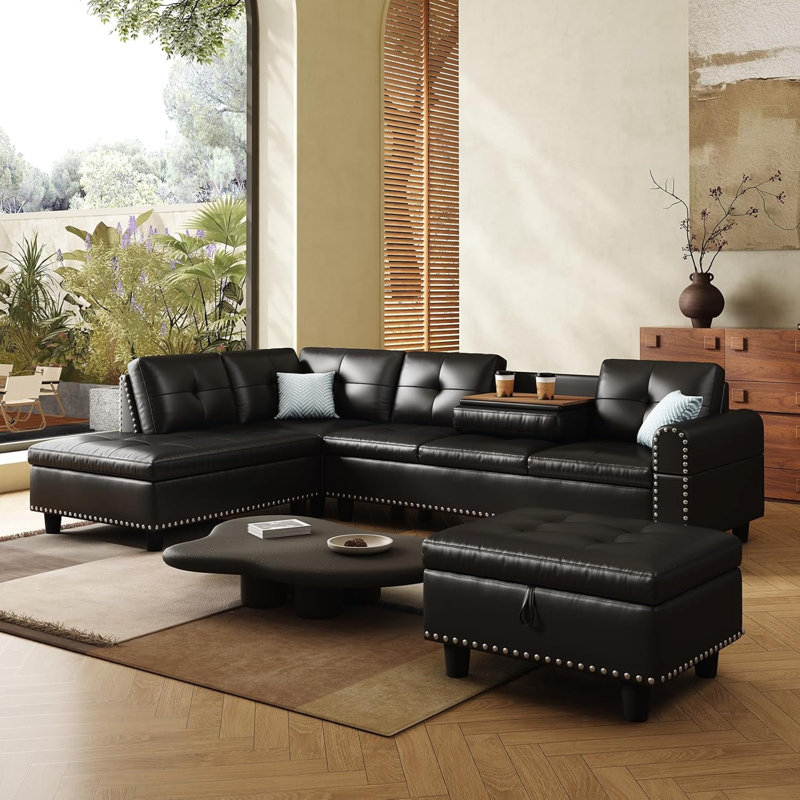 Canapé modulaire en L de 98 po avec méridienne réversible, repose-pieds de rangement et porte-gobelets intégrés AENKYO, similicuir, noir