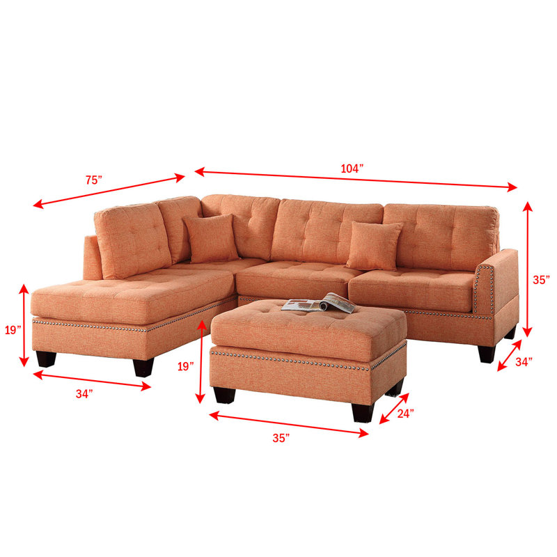 Romulus 104" Wide Reversible Sofa & Chaise with Ottoman, Citrus Polyester Blend