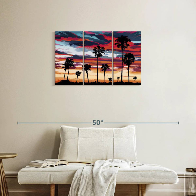 Silhouette de palmiers au coucher du soleil, H 20 po x l 33 po