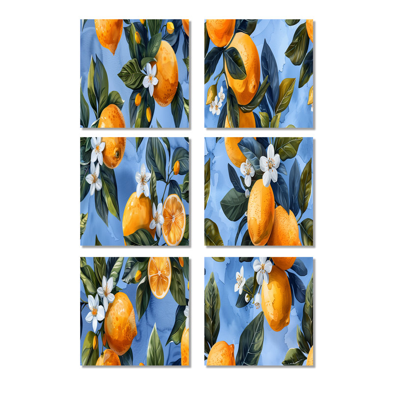 Motif de citronniers jaunes et bleus - fruits, ensemble d'art mural de 6, Toile tendue, Ne s’applique pas